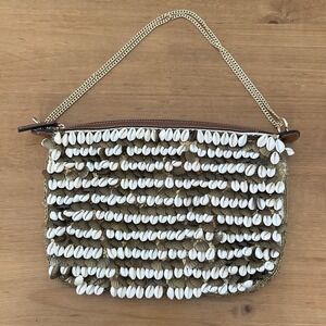 ZARA Shell & Beaded Shoulder Bag Gold Chain Cowrie Shell Sequin Coastal Beach